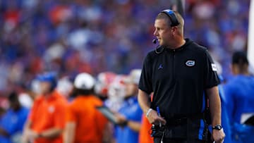 Aug 30, 2025; Gainesville, Florida, USA; Florida Gators head coach Billy Napier looks on against the Long Island Sharks during the first half at Ben Hill Griffin Stadium. Mandatory Credit: Matt Pendleton-Imagn Images