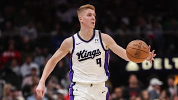 Nov 1, 2024; Atlanta, Georgia, USA; Sacramento Kings guard Kevin Huerter (9) dribbles against the Atlanta Hawks in the second quarter at State Farm Arena. Mandatory Credit: Brett Davis-Imagn Images