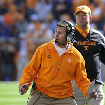 Tennessee head coach Derek Dooley talks to kicker Daniel Lincoln as he comes off the field during the first half Saturday, Nov. 27, 2010 in Neyland Stadium in Knoxville.Derek Dooley 2010
