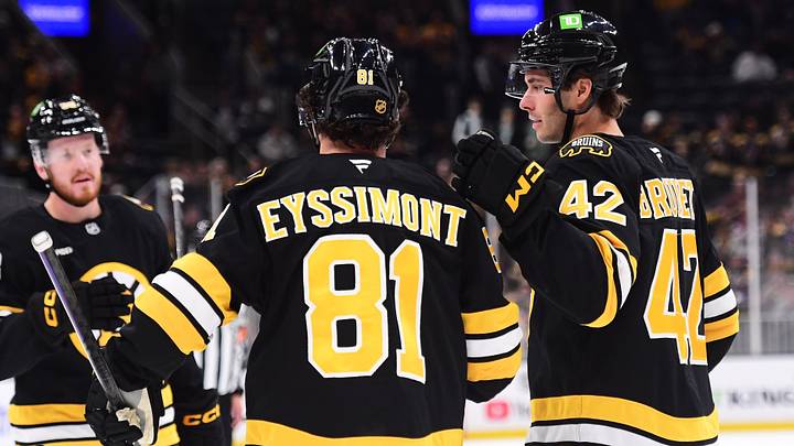 Sep 22, 2026; Boston, Massachusetts, USA; Boston Bruins defenseman Federik Brunet celebrates a goal by center Michael Eyssimont (81) during the first period against the Philadelphia Flyers at TD Garden. Mandatory Credit: Bob DeChiara-Imagn Images Sep 22, 2026; Boston, Massachusetts, USA; Boston Bruins defenseman Federik Brunet celebrates a goal by center Michael Eyssimont (81) during the first period against the Philadelphia Flyers at TD Garden. Mandatory Credit: Bob DeChiara-Imagn Images