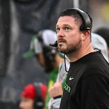 Nov 8, 2025; Iowa City, Iowa, USA; Oregon Ducks head coach Dan Lanning looks on during the first quarter against the Iowa Hawkeyes at Kinnick Stadium. Mandatory Credit: Jeffrey Becker-Imagn Images