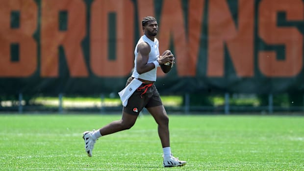 Cleveland Browns quarterback Shedeur Sanders puts in extra work after practice during NFL minicamp, Wednesday, June 11, 2025,