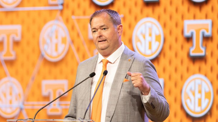 Jul 16, 2024; Dallas, TX, USA; Tennessee head coach Josh Heupel speaking at Omni Dallas Hotel. Mandatory Credit: Brett Patzke-USA TODAY Sports