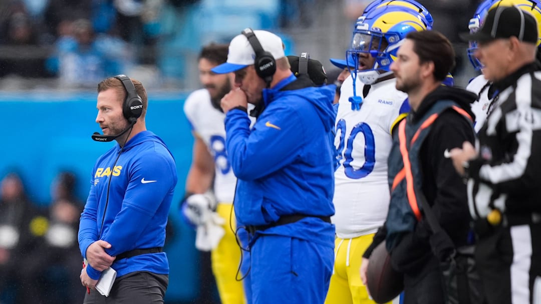 Nov 30, 2025; Charlotte, North Carolina, USA; Los Angeles Rams head coach Sean McVay looks on during the first quarter against the Carolina Panthers at Bank of America Stadium. Mandatory Credit: Jim Dedmon-Imagn Images