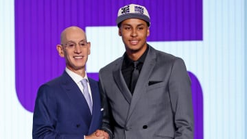 Jun 23, 2022; Brooklyn, NY, USA; Keegan Murray (Iowa) shakes hands with NBA commissioner Adam Silver after being selected as the number four overall pick by the Sacramento Kings in the first round of the 2022 NBA Draft at Barclays Center. Mandatory Credit: Brad Penner-USA TODAY Sports