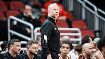 Louisville Cardinals head coach Pat Kelsey during the Cards' 104-45 win over South Carolina State at the KFC Yum! Center in Louisville, Kentucky Monday night, Nov. 3, 2025.