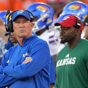 Sep 7, 2024; Champaign, Illinois, USA; Kansas Jayhawks head coach Lance Leipold during the first half against the Illinois Fighting Illini at Memorial Stadium. Mandatory Credit: Ron Johnson-Imagn Images