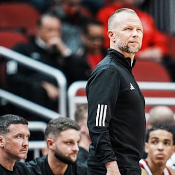 Louisville Cardinals head coach Pat Kelsey during the Cards' 104-45 win over South Carolina State at the KFC Yum! Center in Louisville, Kentucky Monday night, Nov. 3, 2025.