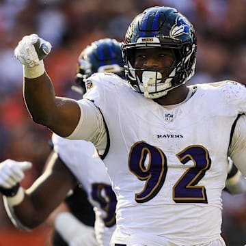 Oct 6, 2024; Cincinnati, Ohio, USA; Baltimore Ravens defensive tackle Nnamdi Madubuike (92) reacts after sacking Cincinnati Bengals quarterback Joe Burrow (not pictured) in the second half at Paycor Stadium. Mandatory Credit: Katie Stratman-Imagn Images