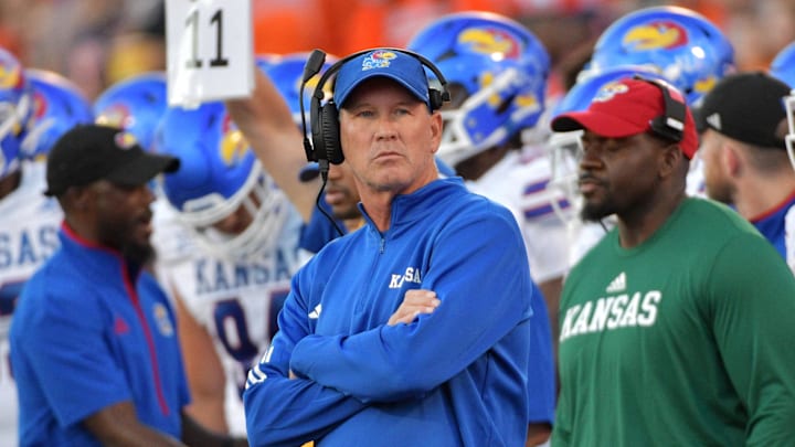 Sep 7, 2024; Champaign, Illinois, USA; Kansas Jayhawks head coach Lance Leipold during the first half against the Illinois Fighting Illini at Memorial Stadium. Mandatory Credit: Ron Johnson-Imagn Images