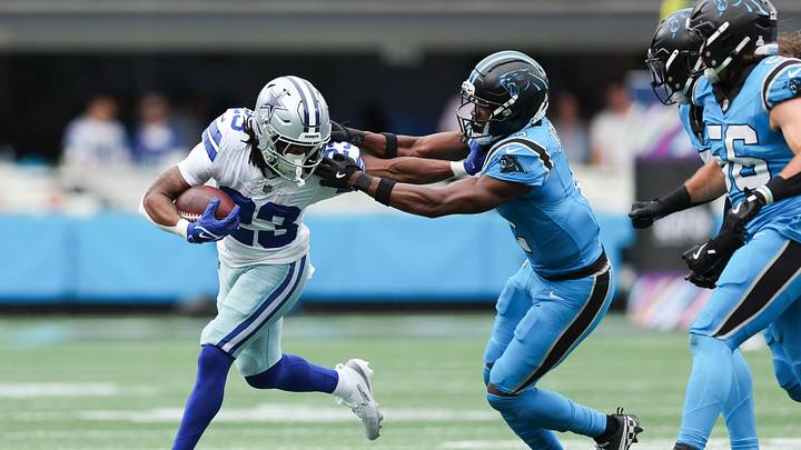 Oct 12, 2025; Charlotte, North Carolina, USA; Dallas Cowboys running back Jaydon Blue (23) runs with the ball during the second quarter against the Carolina Panthers at Bank of America Stadium. Mandatory Credit: Cory Knowlton-Imagn Images