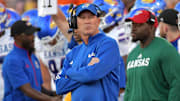 Sep 7, 2024; Champaign, Illinois, USA; Kansas Jayhawks head coach Lance Leipold during the first half against the Illinois Fighting Illini at Memorial Stadium. Mandatory Credit: Ron Johnson-Imagn Images