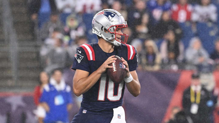 August 8, 2024; Foxborough, MA, USA;  New England Patriots quarterback Drake Maye (10) throws a pass against the Carolina Panthers  during the first half at Gillette Stadium. Mandatory Credit: Eric Canha-USA TODAY Sports