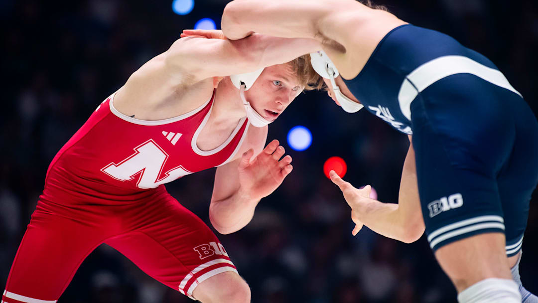 Nebraska's Jacob Van Dee, facing wrestles Penn State's Marcus Blaze