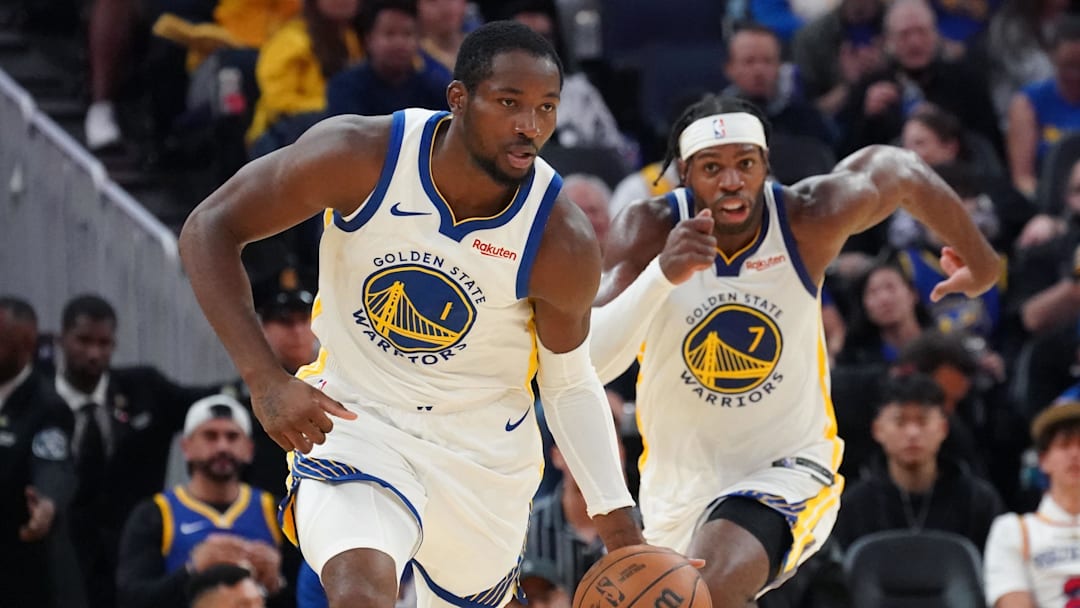 Oct 5, 2025; San Francisco, California, USA;  Golden State Warriors forward Jonathan Kuminga (1) dribbles upcourt, as guard Buddy Hield (7) trails, against the Los Angeles Lakers in the third quarter at Chase Center. Mandatory Credit: David Gonzales-Imagn Images Oct 5, 2025; San Francisco, California, USA;  Golden State Warriors forward Jonathan Kuminga (1) dribbles upcourt, as guard Buddy Hield (7) trails, against the Los Angeles Lakers in the third quarter at Chase Center. Mandatory Credit: David Gonzales-Imagn Images