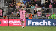 Oct 19, 2024; Fort Lauderdale, Florida, USA;  Inter Miami CF forward Lionel Messi (10) celebrates scoring during the second half against the New England Revolution at Chase Stadium. Mandatory Credit: Sam Navarro-Imagn Images