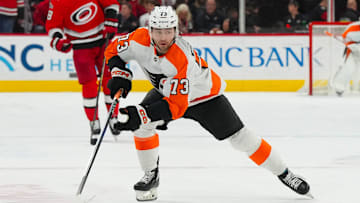 Mar 9, 2023; Raleigh, North Carolina, USA;  Philadelphia Flyers left wing Elliot Desnoyers (73) skates with the puck against the Carolina Hurricanes during the second period at PNC Arena.