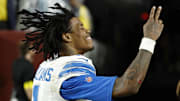 Nov 9, 2025; Landover, Maryland, USA; Detroit Lions wide receiver Jameson Williams (1) while leaving the field after the Lions' game against the Washington Commanders at Northwest Stadium. 