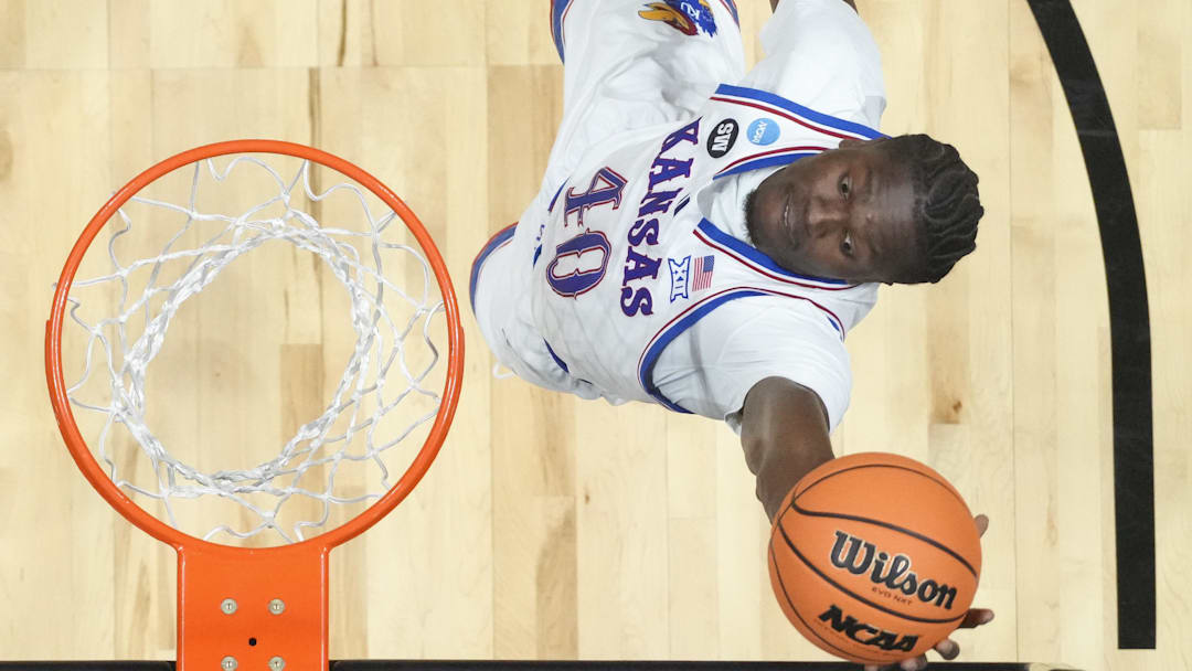 Kansas Jayhawks forward Flory Bidunga (40) shoots the ball against the California Baptist Lancers during a first round game of the men's 2026 NCAA Tournament at Viejas Arena.