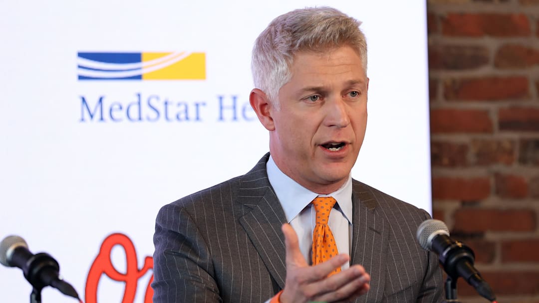 Nov 4, 2025; Baltimore, MD, USA; President of Baseball Operations Mike Elias introduces Craig Albernaz as the Baltimore Orioles new Manager at Warehouse Bar. Mandatory Credit: Daniel Kucin Jr.-Imagn Images