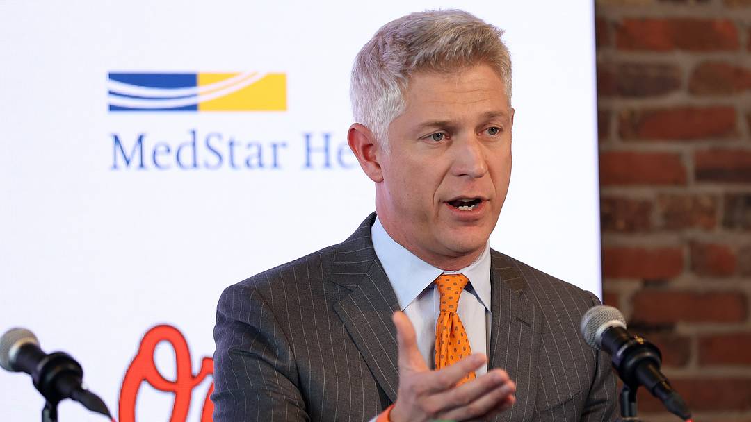 Nov 4, 2025; Baltimore, MD, USA; President of Baseball Operations Mike Elias introduces Craig Albernaz as the Baltimore Orioles new Manager at Warehouse Bar. Mandatory Credit: Daniel Kucin Jr.-Imagn Images
