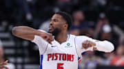 Mar 3, 2025; Salt Lake City, Utah, USA; Detroit Pistons guard Malik Beasley (5) reacts to a play against the Utah Jazz during the second half at Delta Center. Mandatory Credit: Rob Gray-Imagn Images