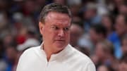 Nov 16, 2024; Lawrence, Kansas, USA; Kansas Jayhawks head coach Bill Self reacts to play against the Oakland Golden Grizzlies during the second half at Allen Fieldhouse. Mandatory Credit: Denny Medley-Imagn Images