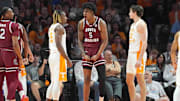 South Carolina's Nick Pringle (5) celebrates on the court during a men’s college basketball game between Tennessee and South Carolina at Thompson-Boling Arena at Food City Center, Saturday, March 8, 2025.