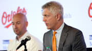 Nov 4, 2025; Baltimore, MD, USA; Right: President of Baseball Operations Mike Elias introduces Left: Craig Albernaz as the Baltimore Orioles new Manager at Warehouse Bar. Mandatory Credit: Daniel Kucin Jr.-Imagn Images