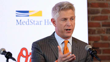 Nov 4, 2025; Baltimore, MD, USA; President of Baseball Operations Mike Elias introduces Craig Albernaz as the Baltimore Orioles new Manager at Warehouse Bar. Mandatory Credit: Daniel Kucin Jr.-Imagn Images