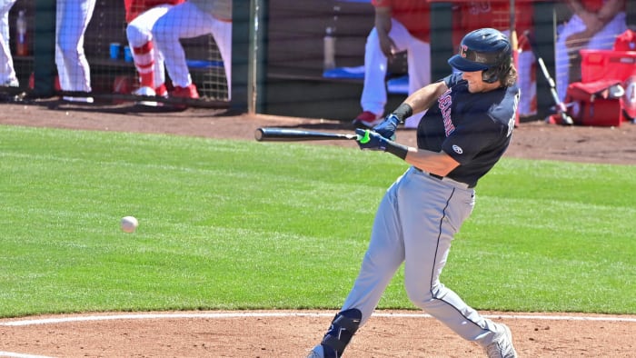 Feb 29, 2024; Tempe, Arizona, USA; Cleveland Guardians right fielder Chase DeLauter (6) grounds out in the third inning against the Los Angeles Angels during a spring training game at Tempe Diablo Stadium. Mandatory Credit: Matt Kartozian-USA TODAY Sports