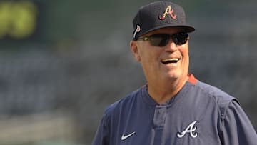 Atlanta Braves manager Brian Snitker (43) reacts during batting practice before the game against the Pittsburgh Pirates at PNC Park.