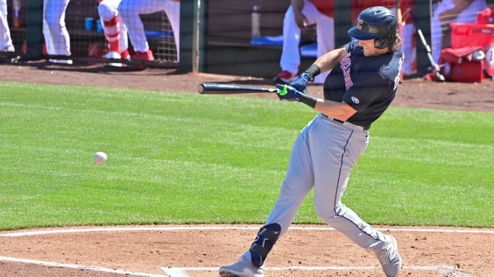 Feb 29, 2024; Tempe, Arizona, USA;  Cleveland Guardians right fielder Chase DeLauter (6)  grounds out in the third inning against the Los Angeles Angels during a spring training game at Tempe Diablo Stadium. Mandatory Credit: Matt Kartozian-USA TODAY Sports