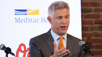 Nov 4, 2025; Baltimore, MD, USA; President of Baseball Operations Mike Elias introduces Craig Albernaz as the Baltimore Orioles new Manager at Warehouse Bar. Mandatory Credit: Daniel Kucin Jr.-Imagn Images