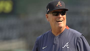 Atlanta Braves manager Brian Snitker (43) reacts during batting practice before the game against the Pittsburgh Pirates at PNC Park.