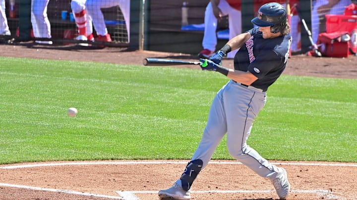Feb 29, 2024; Tempe, Arizona, USA;  Cleveland Guardians right fielder Chase DeLauter (6)  grounds out in the third inning against the Los Angeles Angels during a spring training game at Tempe Diablo Stadium. Mandatory Credit: Matt Kartozian-Imagn Images