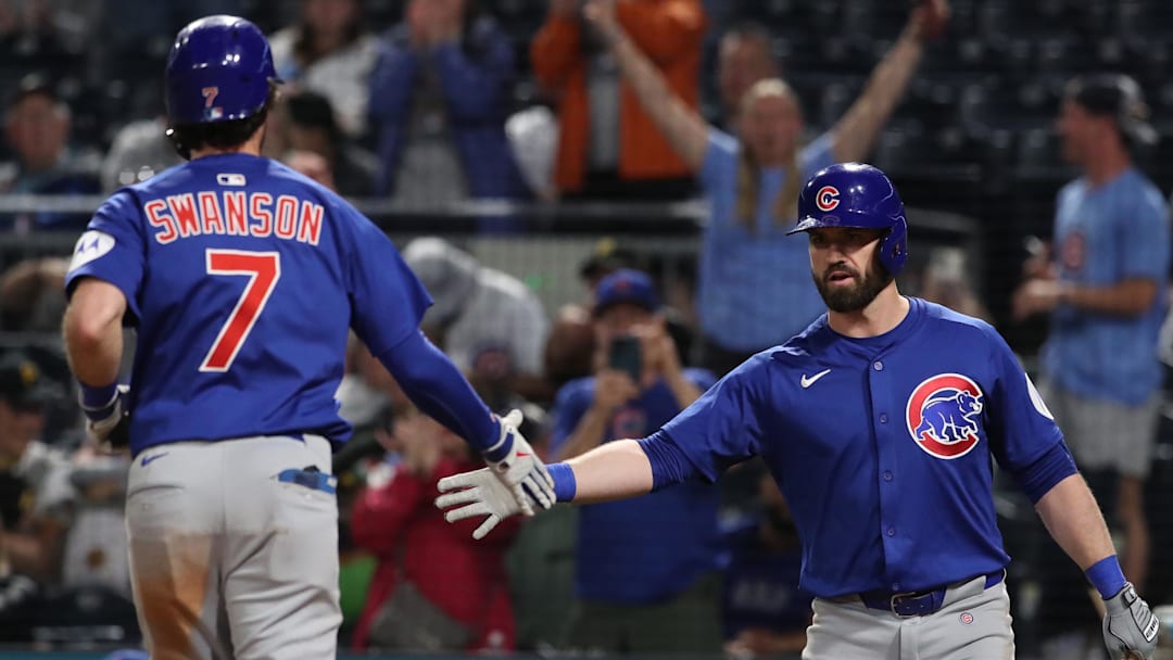 Apr 29, 2025; Pittsburgh, Pennsylvania, USA;  Chicago Cubs third baseman Jon Berti (right) congratulates shortstop Dansby Swanson (7) after hitting a solo home run against the Pittsburgh Pirates during the eighth inning at PNC Park. Charles LeClaire-Imagn Images