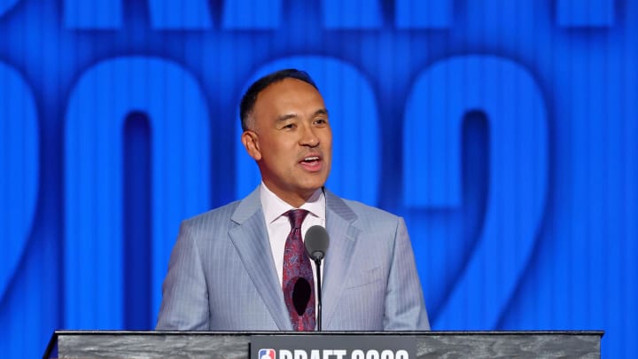 Jun 23, 2022; Brooklyn, NY, USA; NBA deputy commissioner Mark Tatum speaks before the second round of the 2022 NBA Draft at Barclays Center. Mandatory Credit: Brad Penner-USA TODAY Sports