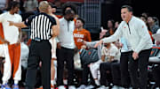 Texas Longhorns head coach Sean Miller reacts to the referee during the second half against the Rider Broncs at Moody Center. 