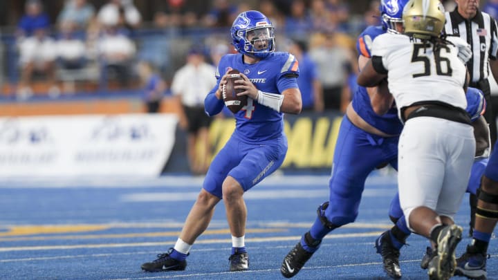 Sep 9, 2023; Boise, Idaho, USA; Boise State Broncos quarterback Maddux Madsen (4) during the first half of action versus the UCF Knights at Albertsons Stadium. Mandatory Credit: Brian Losness-USA TODAY Sports