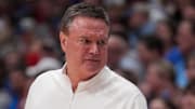 Nov 16, 2024; Lawrence, Kansas, USA; Kansas Jayhawks head coach Bill Self reacts to play against the Oakland Golden Grizzlies during the second half at Allen Fieldhouse. Mandatory Credit: Denny Medley-Imagn Images