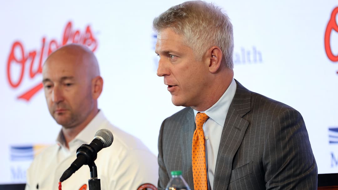 Nov 4, 2025; Baltimore, MD, USA; Right: President of Baseball Operations Mike Elias introduces Left: Craig Albernaz as the Baltimore Orioles new Manager at Warehouse Bar. Mandatory Credit: Daniel Kucin Jr.-Imagn Images