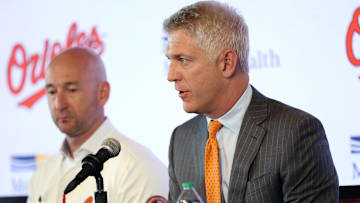 Nov 4, 2025; Baltimore, MD, USA; Right: President of Baseball Operations Mike Elias introduces Left: Craig Albernaz as the Baltimore Orioles new Manager at Warehouse Bar. Mandatory Credit: Daniel Kucin Jr.-Imagn Images