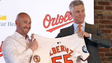 Nov 4, 2025; Baltimore, MD, USA; Right: Baltimore Orioles President of Baseball Operations Mike Elias introduces Left: Craig Albernaz as the new Baltimore Orioles manager at Warehouse Bar. 