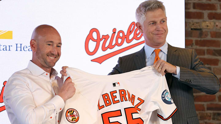 Nov 4, 2025; Baltimore, MD, USA; Right: Baltimore Orioles President of Baseball Operations Mike Elias introduces Left: Craig Albernaz as the new Baltimore Orioles manager at Warehouse Bar. 