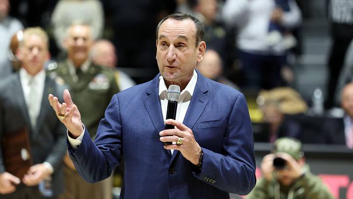 Nov 11, 2025; West Point, New York, USA; Former Duke Blue Devils and Army head coach Mike Krzyzewski is honored by West Point before a game between the Army Black Knights and Duke Blue Devils at Christl Arena. Mandatory Credit: Danny Wild-Imagn Images