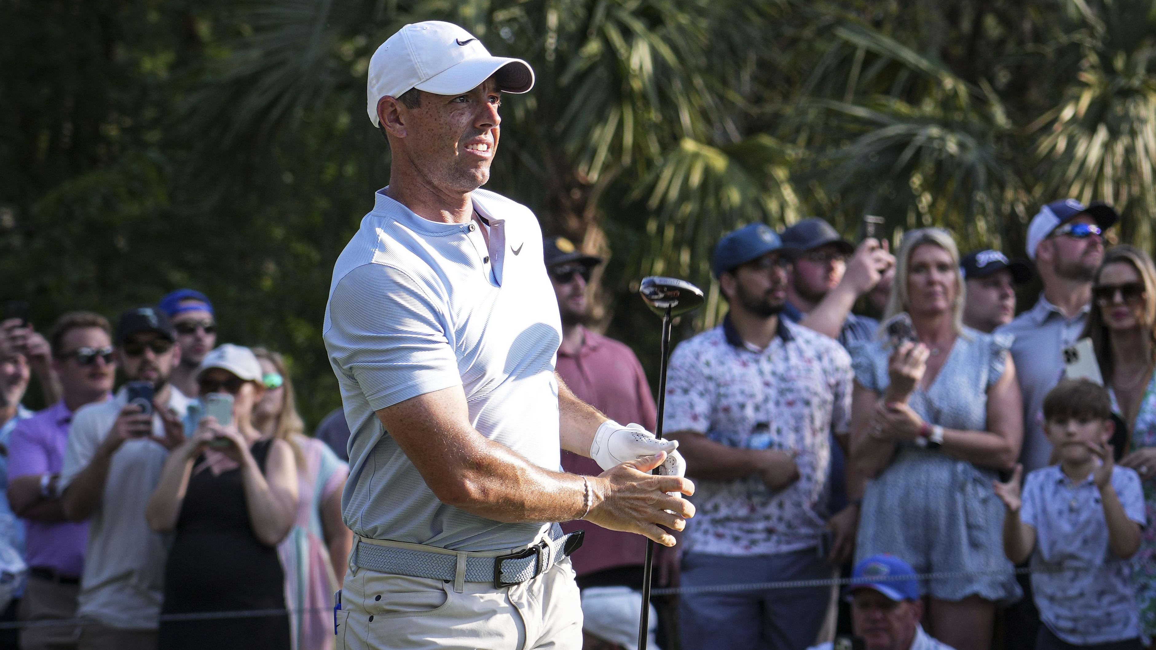 Rory McIlroy watches a shot at the 2024 Players Championship