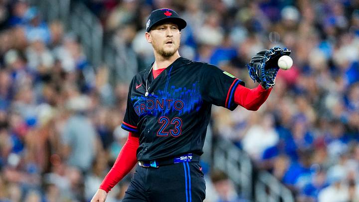 Jul 31, 2026; Toronto, Ontario, CAN;  Toronto Blue Jays pitcher Jeff Hoffman (23) looks on against the St. Louis Cardinals during the eighth inning at Rogers Centre. Mandatory Credit: Kevin Sousa-Imagn Images