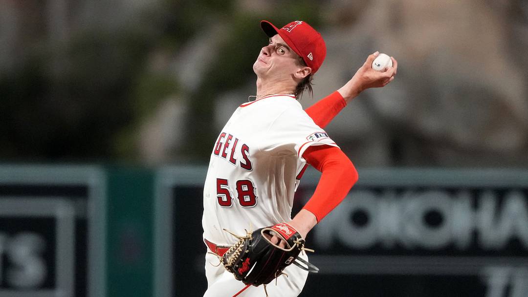 Aug 12, 2026; Anaheim, California, USA; Los Angeles Angels pitcher George Klassen (58) throws against the Texas Rangers at Angel Stadium. Mandatory Credit: Kirby Lee-Imagn Images