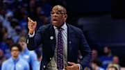Dec 2, 2025; Lexington, Kentucky, USA; North Carolina Tar Heels head coach Hubert Davis calls out a play during the first half against the Kentucky Wildcats at Rupp Arena at Central Bank Center. Mandatory Credit: Jordan Prather-Imagn Images